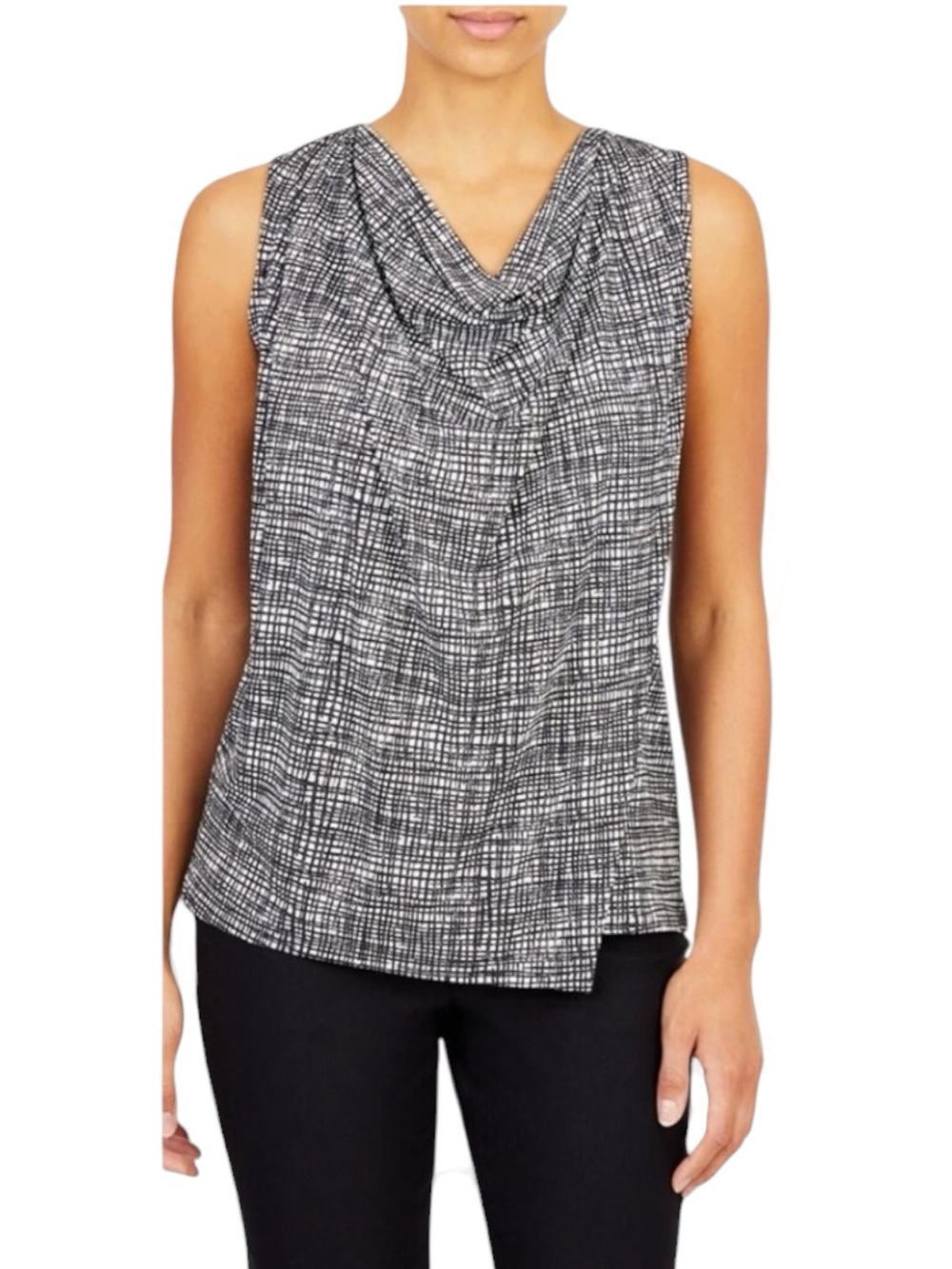 H BY HALSTON Black Geometric Checkered Layered Cowl Sleeveless Blouse XS/S NWT